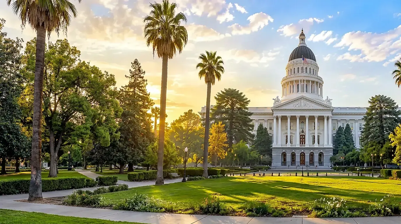 California State Capitol in Sacramento surrounded by palm trees and sunlit gardens
